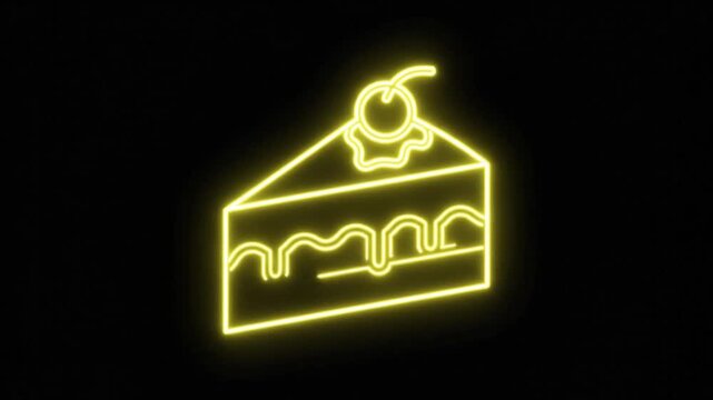 Glowing yellow neon cake slice icon on black background. Retro neon sign of dessert with cherry. Minimalist bakery and cafe light animation.