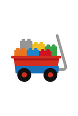Fototapeta premium Colorful toy wagon filled with building blocks, hand-drawn vector icon illustration of a red and blue wagon with multicolored toy bricks, children's toy concept, flat design style