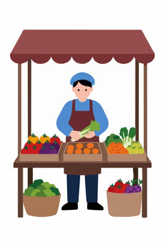 Flat vector illustration icon of a market stall owner vendor in blue apron preparing fresh seasonal vegetables and colorful produce at a village farmers market stall - detailed commercial stock