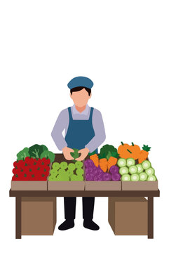 Flat vector illustration of a market stall owner arranging fresh seasonal produce at a wooden table with colorful vegetables including tomatoes, carrots, broccoli and onions at a morning farmers