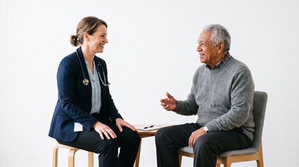 Obraz premium Doctor and elderly patient discussing health during a consultation in a bright, modern clinic setting