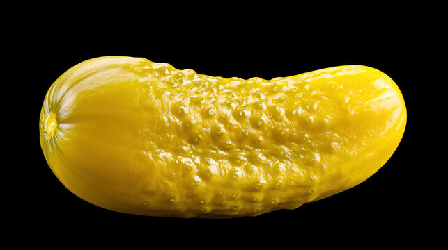 Yellow pickled cucumber on black background, isolated food close up with textured skin and glossy surface