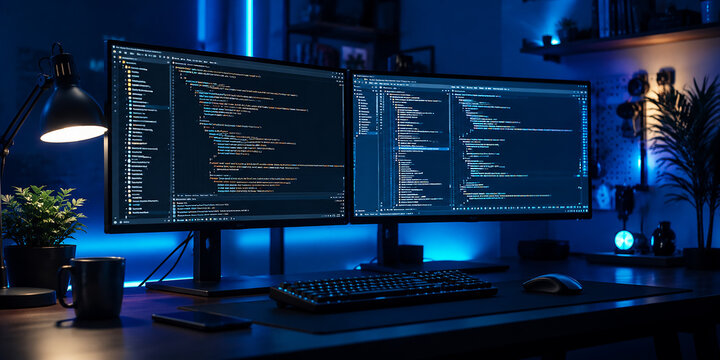 Modern Dual Monitor Developer Workstation Setup in Dark Room
