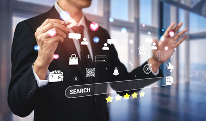 Businessman Interacting with Virtual Search Interface and Social Media Icons in Modern Office...