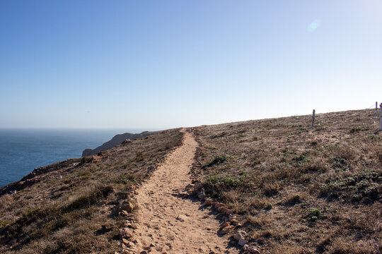 View of a dirt path winding along the cliffside at Berlengas with dry vegetation and the ocean in the background in Leiria, Portugal.