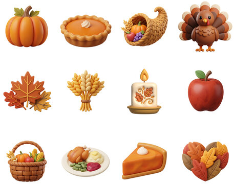 Collection of 12 cute 3D Thanksgiving elements including pumpkin, pie, turkey, cornucopia, autumn leaves, wheat, candle, apple, harvest basket, and seasonal food.