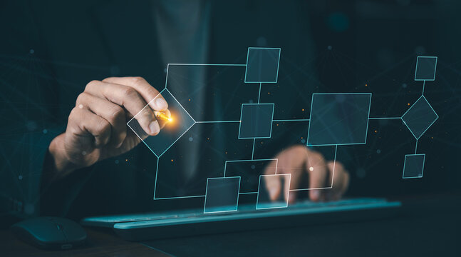 Businessman drawing virtual flowchart diagram and process management structure with stylus pen, workflow organization and system planning concept.