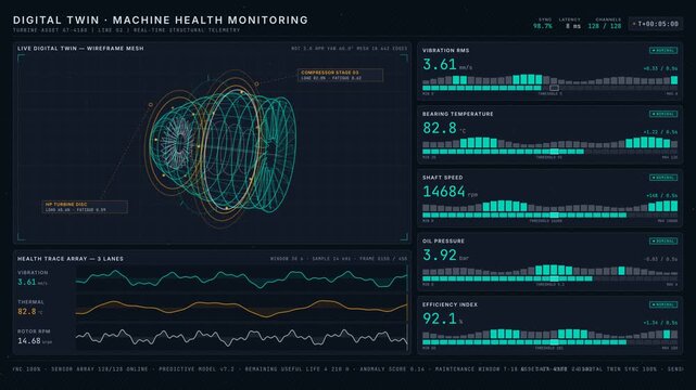A dark-mode industrial dashboard visualizing a digital twin turbine engine with glowing metrics and health monitoring features, showcasing advanced technology in machine health management.