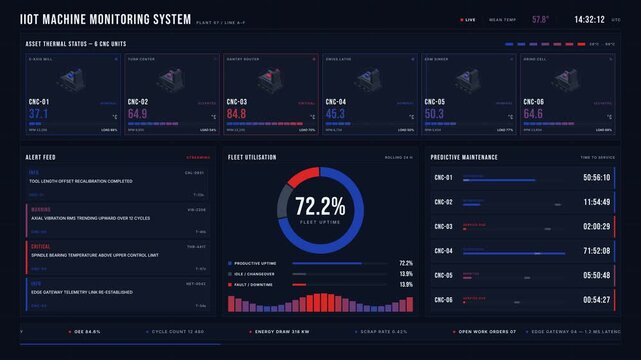 Monitor industrial machines with this dark-mode IIoT dashboard featuring real-time temperature heat maps and predictive maintenance alerts in a sleek design.