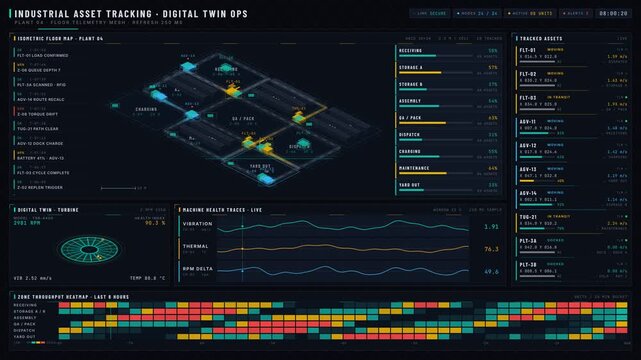 A detailed industrial asset tracking dashboard featuring a 2D isometric factory map with animated silhouettes of vehicles and assets emitting colored trails against a dark background.