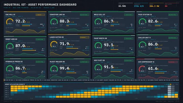 Explore the Industrial IoT Asset Performance Dashboard with animated gauges and a heatmap, showcasing a factory floor blueprint in a modern, high-tech style.