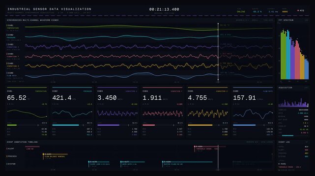 Experience a captivating industrial sensor data visualization featuring synchronized multi-channel waveforms in vibrant neon colors against a dark background, showcasing real-time analytics.