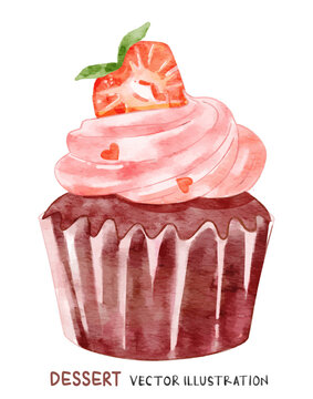 Watercolor cupcake with strawberry on top. Vector food illustration.	