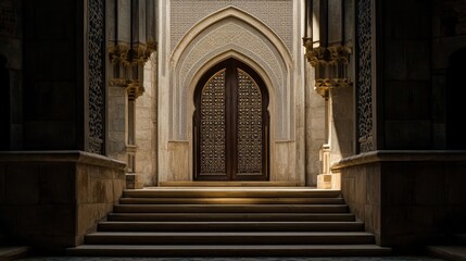 Naklejka premium Ornate, sunlit entrance with intricate wooden door, stone archway, and grand staircase