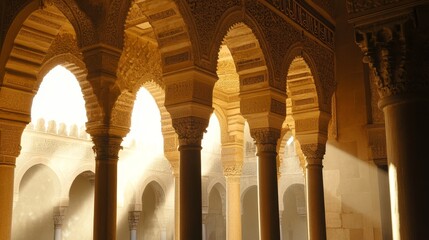 Naklejka premium Sunlight filters through ornate stone arches in an ancient building, casting intricate shadows