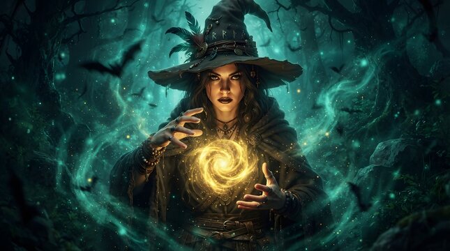 Mysterious witch casting a glowing magic spell in a dark enchanted forest with bats flying in the background