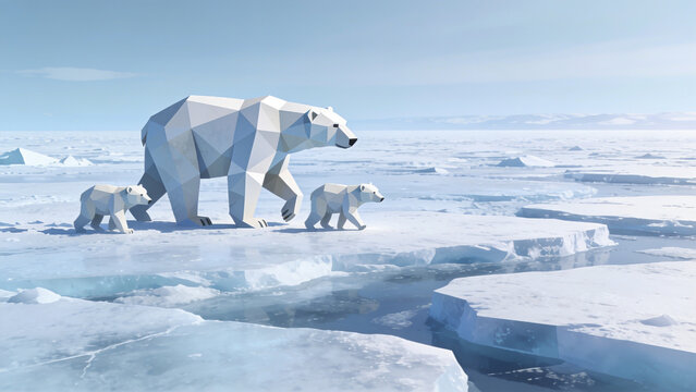 Polar bear family walking on icy Arctic landscape