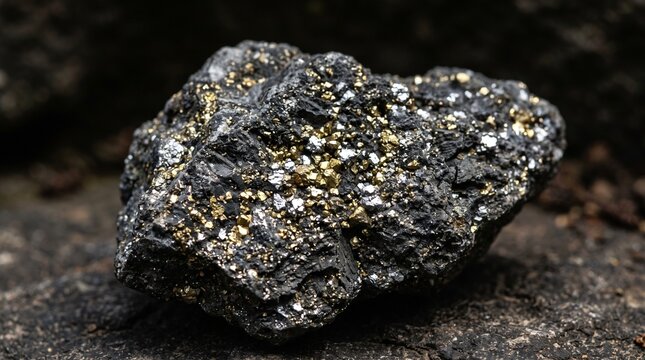 Raw mineral rock with metallic gold and silver specks on a dark textured stone background.