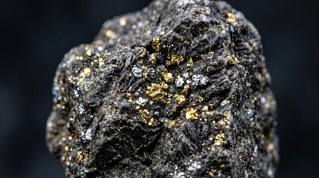 Raw mineral rock with metallic gold and silver specks on a dark background