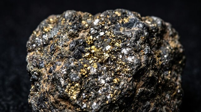 Raw mineral rock with metallic gold and silver crystals on a dark black background