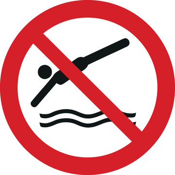 Red prohibition sign with black diver pictogram jumping into water waves inside a crossed circle, concept for water safety rules and pool hazard prevention guidelines