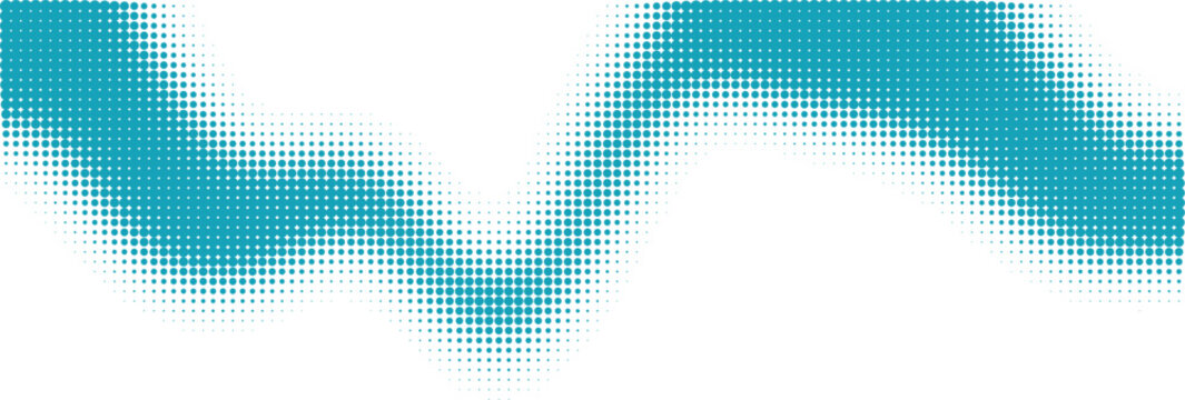 Abstract teal blue wave shape made of small dots with a halftone pattern effect for modern graphic design backgrounds and digital art compositions isolated on transparent background, Vector