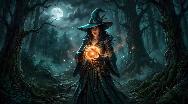 Mysterious witch holding a glowing magic orb in a dark enchanted forest under the light of full moon