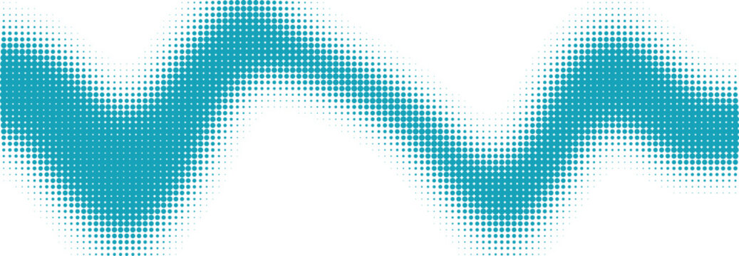 Abstract blue wave shape made of small dots in a halftone pattern design isolated on transparent background, Vector