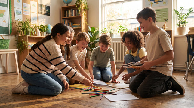 Children helping classmate pick up supplies in classroom