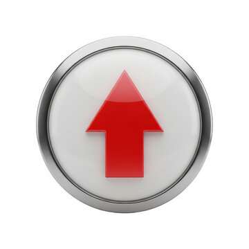 Red arrow up icon on a glossy white circular button with a metallic silver border frame.
