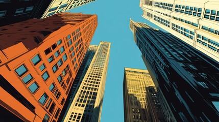 Fototapeta premium Dramatic view of towering skyscrapers against a clear blue sky, emphasizing urban architecture