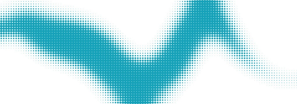 Abstract cyan wave shape with halftone dot pattern texture isolated on transparent background, Vector