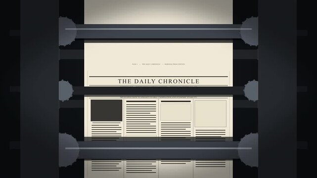 Retro newspaper printing press, cold war news headlines, political conflict, daily news roll, seamless animation loop