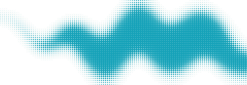 Abstract teal blue wavy shape made of halftone dots pattern isolated on transparent background, Vector