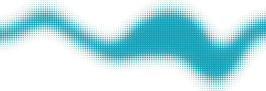 Abstract blue wave shape with soft halftone dot pattern texture and blurry edges isolated on transparent background, Vector