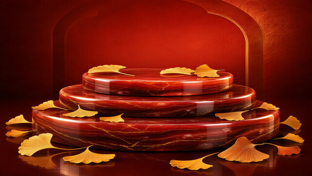 Warm Red Agate Stone Step Podium with Golden Ginkgo Leaves for Cosmetics