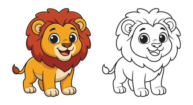 Cute lion cartoon character and black line outline coloring page set, little lion cub illustration isolated on white background for kids education book.