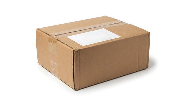Closed Brown Cardboard Shipping Box with Blank White Delivery Label Isolated on White Background