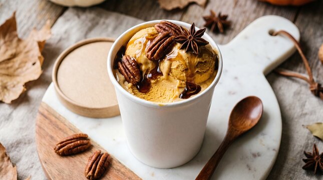 Pumpkin Spice Ice Cream: A white cup filled with creamy pumpkin ice cream, garnished with star anise and a sweet drizzle, served on a white marble board with a wooden spoon, pecans, and autumn leaves.