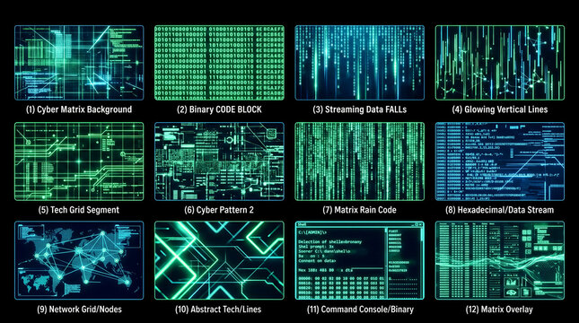 Ultimate collection sheet of green and blue digital matrix backgrounds, binary code blocks, tech grid segments, network nodes, and futuristic data stream textures.