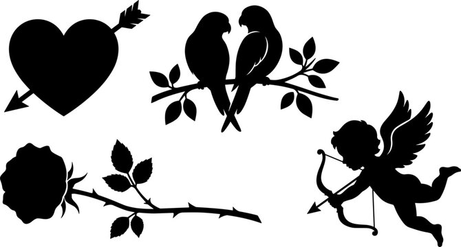 Valentine Romantic Love Icon Set featuring Heart with Arrow Silhouette Lovebirds on Tree Branch Rose Flower Stem and Flying Cupid Vector Illustration