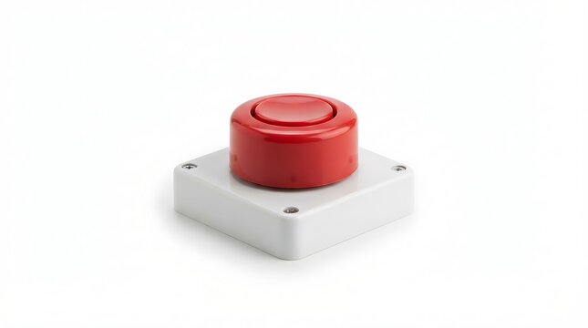 Red Push Button Controller Mounted on a White Square Base for Industrial Machinery and Emergency Stop Systems isolated on a clean white background