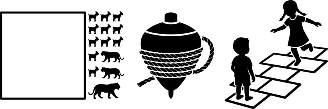 Traditional Rural Indian Childhood Games Icon Set with Bagh Chal Goats and Tigers Board Lattu Spinning Top and Kids Playing Hopscotch Vector Silhouette Illustration