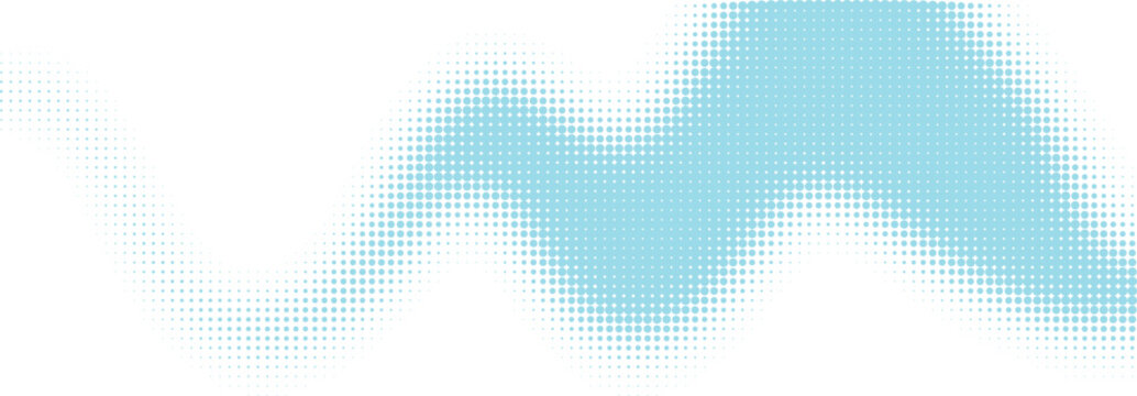 Abstract light blue wavy halftone pattern with soft dots forming a smooth wave shape isolated on transparent background, Vector