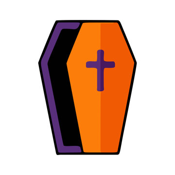 Halloween coffin vector illustration in vibrant orange and purple colors with a classic cross symbol for spooky holiday designs