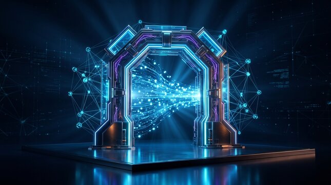 Futuristic sci-fi portal gate with glowing blue light particles streaming through digital network background, symbolizing data transfer, metaverse entry, and high speed connectivity