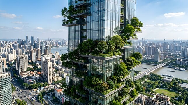 Modern skyscraper with vertical gardens and lush greenery in a dense urban city skyline.