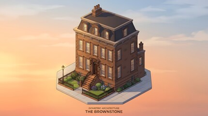 Obraz premium Isometric illustration of a classic brownstone townhouse building at sunset.