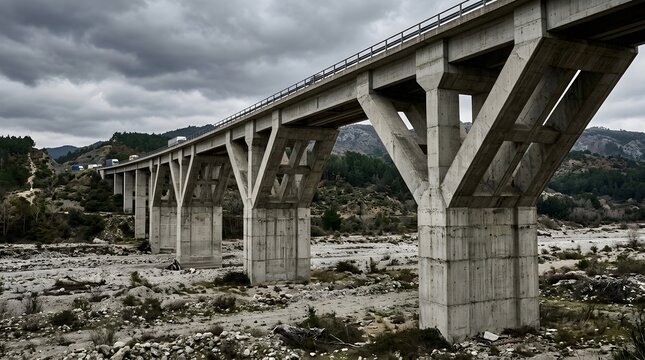 A large concrete bridge crossing over a dry riverbed under a cloudy sky.