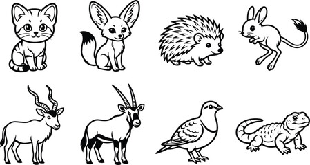 Fototapeta premium Cute Animal Collection Featuring Cat Fox Hedgehog Hare Goats Bird and Lizard Line Art Illustrations